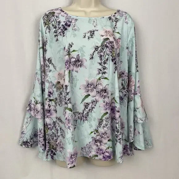 Belle Kim Gravel Top Large Blue Floral Flutter Sleeve Pastel Garden Boho A307916 - Picture 4 of 13
